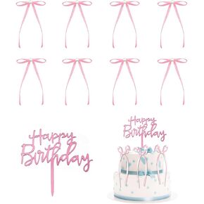 8 Pcs Bow Ribbon and Pearl Cake Topper with 1 Pcs Happy Birthday Sign Birthday Decorations, for Celebrating Happy Bday Anniversary Theme Party Cake Decorations Supplies (Black)