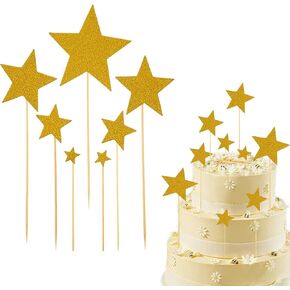 21 Pcs Star Cake Toppers, Pentagram Star Birthday Decorations Sparkling Stars Cake Plugin Elegant Star Cake Topper for Happy Birthday Partyor Celebration（Gold）