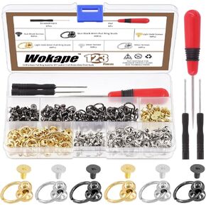 Wokape 123Pcs Screwback Round Head Rivet Studs with Pull Ring Kit, 3 Colors of DIY Leather Craft Pull Ring Round Shaped Rivets with Screws, Mini Screwdriver and Awl, for Purse Wallet Decoration Bag