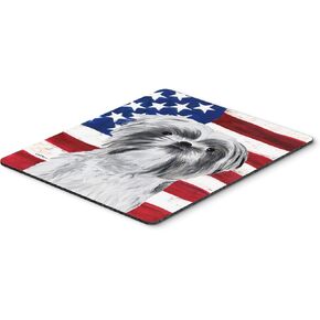 الكنوز في كارولين SC9015MP USA Flag American مع وسادة الماوس Shih Tzu ، وسادة ساخنة أو trivet لألعاب المكاتب المنزلية تعمل على حصيرة فأر كمبيوتر محمول ، قابلة للغسل كبيرة.