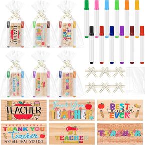 6 مجموعات هدايا تقدير المعلم ، شكراً لكم ممحاة Wood Chalkboard مع 12 ألوانًا وعلامات وأكياس أفضل محو محو جاف ملهم للمعلم لمستلزمات مكتب التخرج