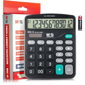 M&G Desk Calculator 12 Digit Office Calculators with Check & Correct, Dual Solar Power and Battery, Large LCD Display Business Calculator with Big Buttons Black