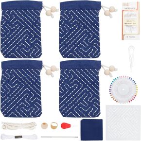 FREEBLOSS 4 Set Sashiko Drawstring Bag Kit Sashiko Embroidery Kit for Beginners Full Embroidery Kit includes Sashiko Thread, Needles, Fabric, Thimble Hand Sewing Kit with PET Template