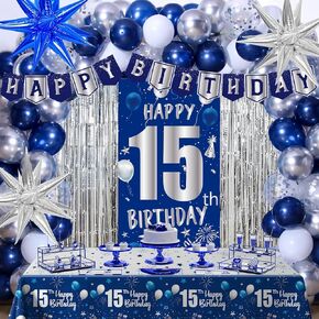 15th Birthday Decorations for Boys Girls, Blue Happy 15th Birthday Decorations Boy 15 Birthday Door Banner, 15 Year Old Boy Bday Party Decor with Tablecloth Foil Backdrop Star Balloons for 15th Boys