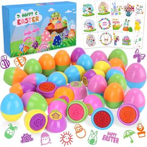24 Pack Prefilled Easter Eggs With Toys, Stamps with Easter Tattoos Easter Basket Egg Hunt Stuffers, Pre Filled Easter Eggs Fillers Self Inking Stamp for Kids Gifts Party Favors, Goodie Bag Stuffer