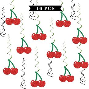 Fruit Cherry Hanging Swirl Decorations - Glitter 16 Pcs Baby Shower Party Supplies - Girl Cherry Birthday Party - Engagement - Wedding Streamers - Sweet Cherry Party Foil Swirls Ceiling Decorations