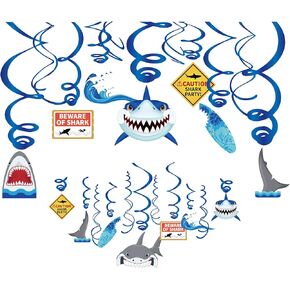 30Ct Shark Hanging Swirl Decorations, Under The Sea Party Supplies, Ocean Birthday Theme, Jaw Kids Decor for First Bday 1st Boys Girls Baby Shower, Jawsome Favors