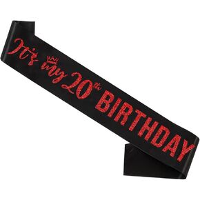 It’s My 20th Birthday Sash,20th Birthday Sash for Girls,Glitter Letter 20th Birthday Sash for Girls,Happy 20th Birthday Party Decorations,Black and Silver