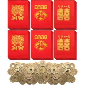 90 Pieces Chinese New Year Red Envelopes Red Packets Hong Bao Lucky Money Envelopes and 100 Pieces 0.8 Inch Chinese Good Luck Coins Feng Shui I-ching Coins for New Year Spring Festival 3.7 x 2.6 Inch