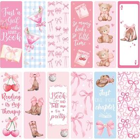 Coquettte Bows Paper Bookmarks for Women - 24 Pcs Pink Bow Cherry Paper Bookmarks for Girl, Cute Panda Cowboy Hat Bookmarks Creative Gift for Girlfriend Student Teacher Book Lover in Kuwait