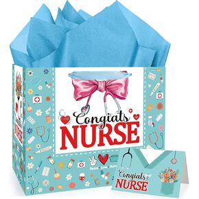 INCOK Nurse Graduation Gifts Bag - Large Congrats Nurse Giftbag with Handle Tissue Paper and Greeting Card, Graduations Gift for Medical School Graduates Social Healthcare Worker