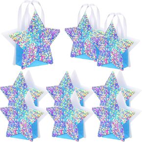 Sweetude 12 Pcs Star Shaped Party Favor Bags with Handle Mini Iridescent Paper Gift Goodie Bags for Holiday Wedding Birthday Party Supplies