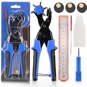 Belt Hole Puncher for Leather, 2 Pack Adjustable Dual-Lever Chrome-Plated Leather Hole Punch Tool with Brass Stamped Washer, Comfort Grip, and Durable Steel Blade for Belts, Watch Bands, Straps