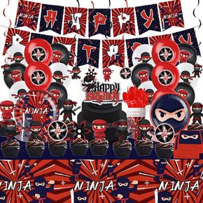 مجموعة زخرفة حفلة عيد ميلاد Ninja مجموعة Ninja Warrior Party Supplies Kit Ninja Master Tableware تشمل أطباق مناديل ، بانر بالونات قمم TableCloth