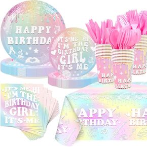 170 PCS Girls Happy Birthday Semplies Supplies - 24 يقدم أدوات مائدة يمكن التخلص منها مع لوحات ، مناديل ، أكواب ، سكاكين ، شوكات ، ملاعق ، مفارش المائدة ، مناسبة للموسيقى الفتاة ديكور الحفلة