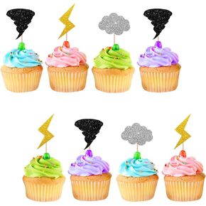 24pcs Tornado Cupcake Toppers, Lightning Cloud Cupcake Toppers, Black Glitter Weather Cake Decoration for Baby Shower, Boy Tornado Themed 2nd /4th Birthday Party Supplies