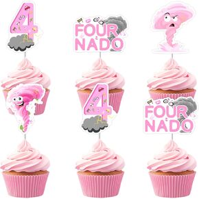 Cheereveal 36pcs زخارف كعكة عيد ميلاد Fournado ، قبعات Tornado Cupcake ، وورم الطقس الوردي موضوع الرابع Bday Baby Shower Cupcake اللوازم للحفلات