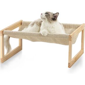FUKUMARU Cat Couch Bed, Plush Velvet Elevated Bed for Indoor Cats, 21 x 16.5 Inch Wooden Pet Hammock, Suitable for Cat, Dog, Bunny, Rabbit, Kitten and Small Animal, Brown