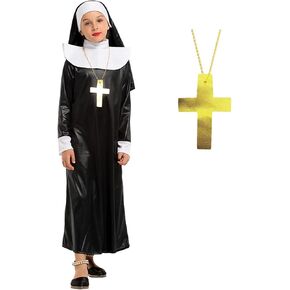 Girls Nun Costume with Cross Necklace - Scary Catholic Sister Robe Ensemble for Kids Halloween Fun