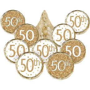 White and Gold 50th Birthday Party Favor Chocolate Kisses Candy Stickers - 180 Labels