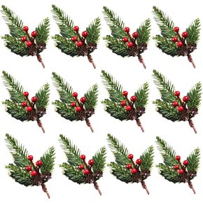 Alfyng 12 PCS اختيارات الصنوبر الاصطناعية ، ومخاريط الصنوبر الاصطناعية التوت الحمراء الإبر الصنوبر والأوراق لفروع الصنوبر عيد الميلاد المنزل ديكور شجرة عيد الميلاد وزخارف العطلات