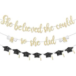 Pre Strung Congratulations Decorations Banner She Believed Could So She Did Gold Glitter 2025 Garland Graduation Congrats Grad with Tassel Party Decor College School