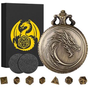 Mini DND DICE مجموعة مع Steampunk Dragon Head Totem Watch Case ، Tiny 7PCS Polyhedral Metal D&D Dice ، DND GIFS مع صندوق هدايا ، إكسسوارات لعبة ألعاب لعب الأدوار ، Dark Silver