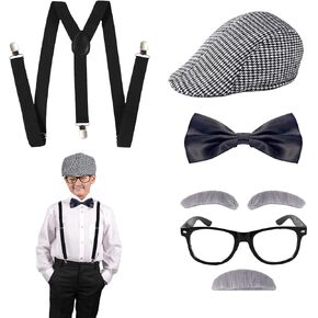 Old Man Costume Set for Kids, 6pcs Old Man Costume Accessories Old Man Costume Props with Hat Bow Tie Suspender Glasses Beard Eyebrows Pipe 100 Days of School Grandpa Costume for Kids Boys