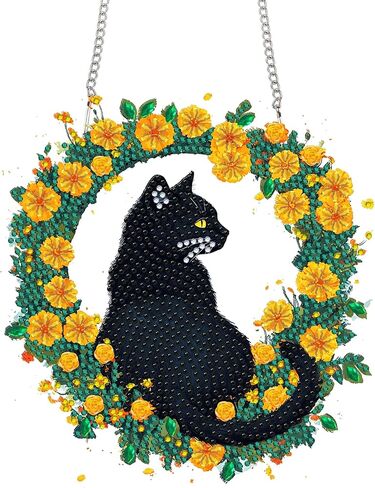 Bimkole Cat Diamond Art Kit للبالغين ، DIY 5D فن الماس زهرة نافذة قلادة ، أكريليك كريستال الفن المعلق الزخرفة المنزل جدار حديقة الباب الأمامي ديكور في الهواء الطلق 7.8x7.8 بوصة in Kuwait