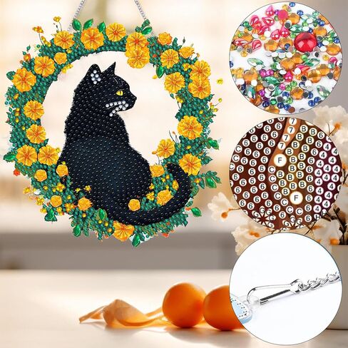Bimkole Cat Diamond Art Kit للبالغين ، DIY 5D فن الماس زهرة نافذة قلادة ، أكريليك كريستال الفن المعلق الزخرفة المنزل جدار حديقة الباب الأمامي ديكور في الهواء الطلق 7.8x7.8 بوصة in Kuwait
