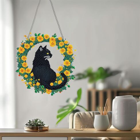 Bimkole Cat Diamond Art Kit للبالغين ، DIY 5D فن الماس زهرة نافذة قلادة ، أكريليك كريستال الفن المعلق الزخرفة المنزل جدار حديقة الباب الأمامي ديكور في الهواء الطلق 7.8x7.8 بوصة in Kuwait