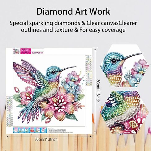 5D Diamond Art Kit for Adults - Colorful Hummingbird & Flowers DIY Craft with Crystal Rhinestones, 12x12 Inch Canvas, Relaxing Home Wall Decor in Saudi Arabia