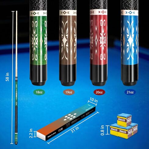 Pool Stick Set of 4, Pool Sticks for Adults with 4 Pool Cues Billiard Chalks, 58" Billiard Cue Sticks with Maple Wood for House Bar Professional Billiard Players - 18oz, 19oz, 20oz, 21oz in Kuwait