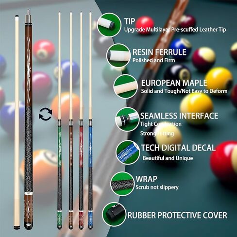 Pool Stick Set of 4, Pool Sticks for Adults with 4 Pool Cues Billiard Chalks, 58" Billiard Cue Sticks with Maple Wood for House Bar Professional Billiard Players - 18oz, 19oz, 20oz, 21oz in Kuwait