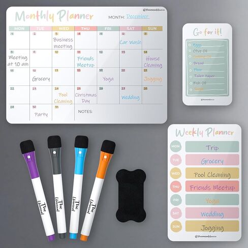 Magnetic Dry Erase Acrylic Calendar for Fridge - Monthly & Weekly Planner with 5 Markers, Holder & Cleaning Cloth. 2-Pack Set for 2025 Refrigerator Calendar. in Saudi Arabia