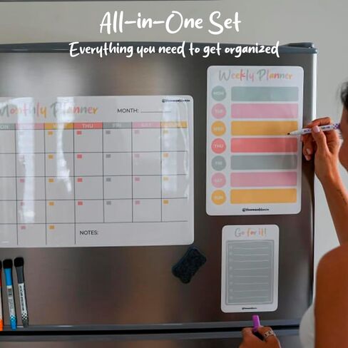 Magnetic Dry Erase Acrylic Calendar for Fridge - Monthly & Weekly Planner with 5 Markers, Holder & Cleaning Cloth. 2-Pack Set for 2025 Refrigerator Calendar. in Saudi Arabia