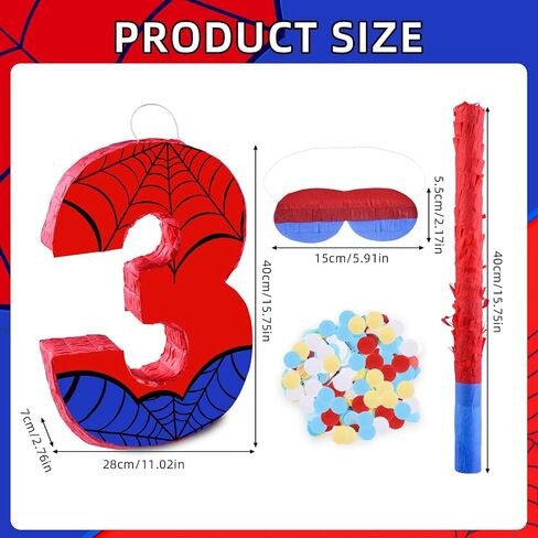 16 Inch Number 3 Spider Pinata with 16 Inch Piñata Stick Blindfold Confetti for Boy Girl Kids 3rd Birthday Party Decorations (3rd) in Saudi Arabia