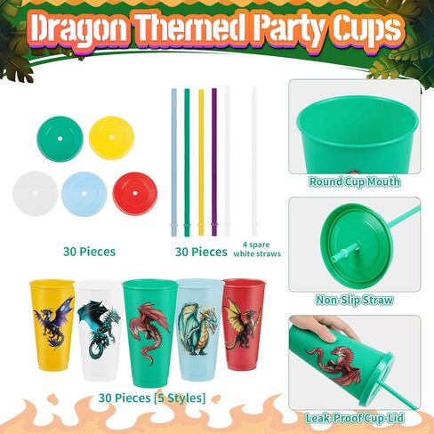15 Pcs Dragon Party Favor Western Dragon Party Cups with Lid Straw 24 oz Plastic Drink Cups Reusable Bulk Dragon Tumblers for Fantasy Dragon Theme Party Supplies Birthday Party Gifts in Saudi Arabia