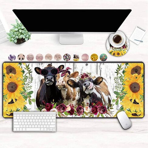 XXL Large Gaming Mouse Pad, Extended Ergonomic for Computers Thick Keyboard Mouse Mat Non-Slip Rubber Base Mousepad with Cup Coaster，Rustic Wooden Planks Texture with Sunflowers and Cows in Kuwait