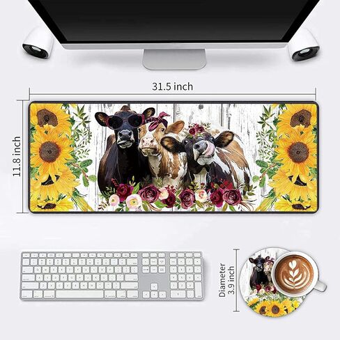 XXL Large Gaming Mouse Pad, Extended Ergonomic for Computers Thick Keyboard Mouse Mat Non-Slip Rubber Base Mousepad with Cup Coaster，Rustic Wooden Planks Texture with Sunflowers and Cows in Kuwait