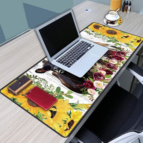 XXL Large Gaming Mouse Pad, Extended Ergonomic for Computers Thick Keyboard Mouse Mat Non-Slip Rubber Base Mousepad with Cup Coaster，Rustic Wooden Planks Texture with Sunflowers and Cows in Kuwait