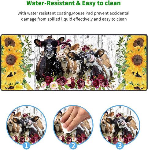 XXL Large Gaming Mouse Pad, Extended Ergonomic for Computers Thick Keyboard Mouse Mat Non-Slip Rubber Base Mousepad with Cup Coaster，Rustic Wooden Planks Texture with Sunflowers and Cows in Kuwait