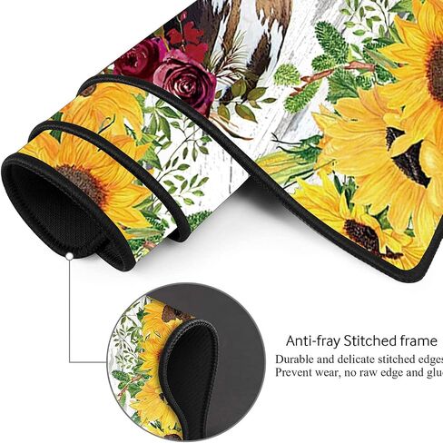 XXL Large Gaming Mouse Pad, Extended Ergonomic for Computers Thick Keyboard Mouse Mat Non-Slip Rubber Base Mousepad with Cup Coaster，Rustic Wooden Planks Texture with Sunflowers and Cows in Kuwait
