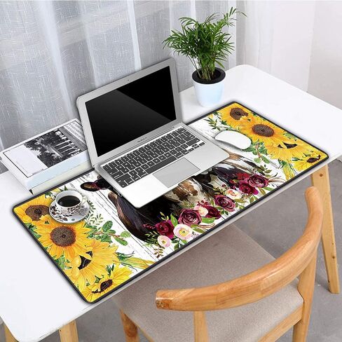 XXL Large Gaming Mouse Pad, Extended Ergonomic for Computers Thick Keyboard Mouse Mat Non-Slip Rubber Base Mousepad with Cup Coaster，Rustic Wooden Planks Texture with Sunflowers and Cows in Kuwait