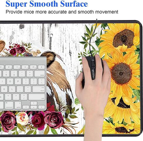 XXL Large Gaming Mouse Pad, Extended Ergonomic for Computers Thick Keyboard Mouse Mat Non-Slip Rubber Base Mousepad with Cup Coaster，Rustic Wooden Planks Texture with Sunflowers and Cows in Kuwait
