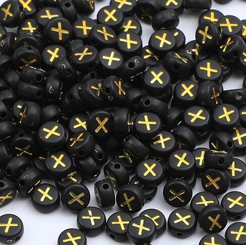 حبات 100pcs أحرف ، حبات أبجدية أكريليك 4x7mm ، حبات من الحروف السوداء الذهب ، حبات مستديرة للأبجدية لصالح سوار المجوهر in Saudi Arabia