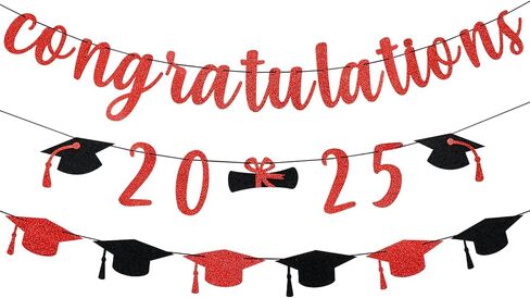 Congratulations 2025 Banner Red Glitter, Congratulations Class of 2025 Graduation Banner for College 2025 Graduation Party Decorations Red in Kuwait