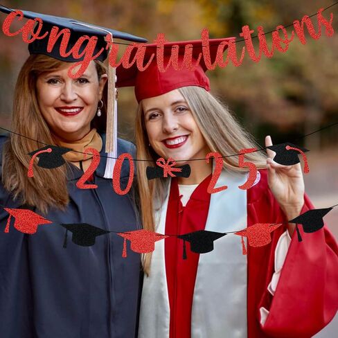 Congratulations 2025 Banner Red Glitter, Congratulations Class of 2025 Graduation Banner for College 2025 Graduation Party Decorations Red in Kuwait