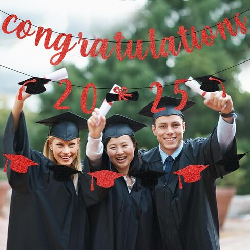 Congratulations 2025 Banner Red Glitter, Congratulations Class of 2025 Graduation Banner for College 2025 Graduation Party Decorations Red in Kuwait