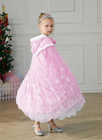 Girls Princess Velvet Cape Kids Elsa Hooded Princess Cape Halloween Snow Cloak Costume 3-6Years in Kuwait